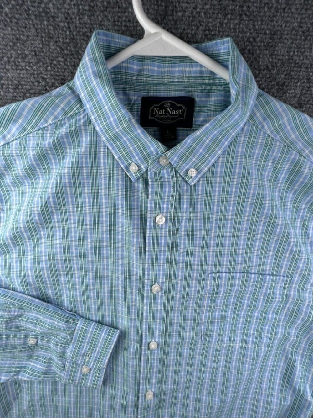 Nat Nast Button Up Shirt Mens Large Long Sleeve Cotton Green Blue Plaid Adult